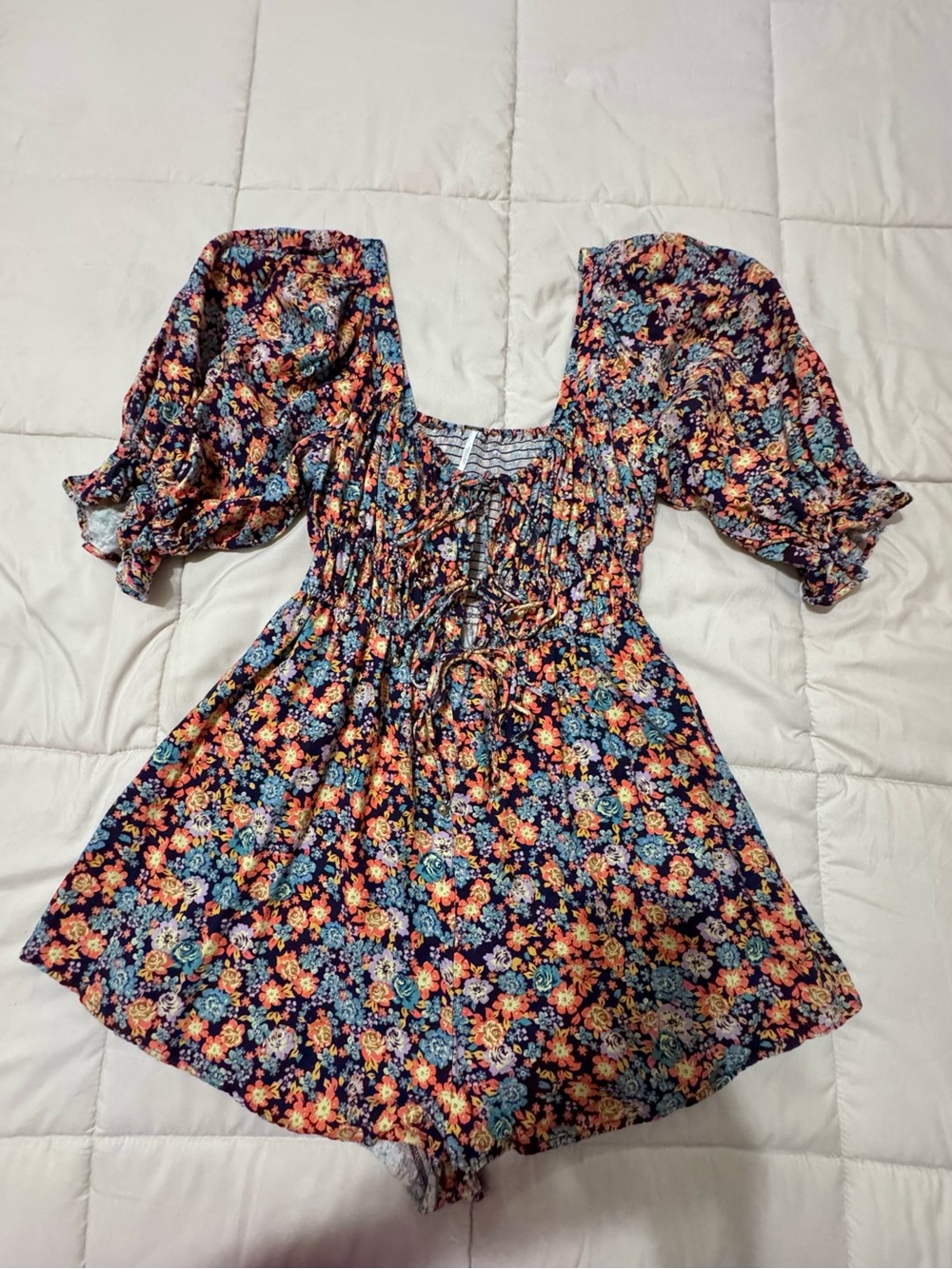 Free People Navy Floral Shorts Romper with Puff Sleeves